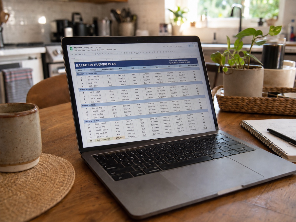 A laptop displaying a marathon training plan on a kitchen table
