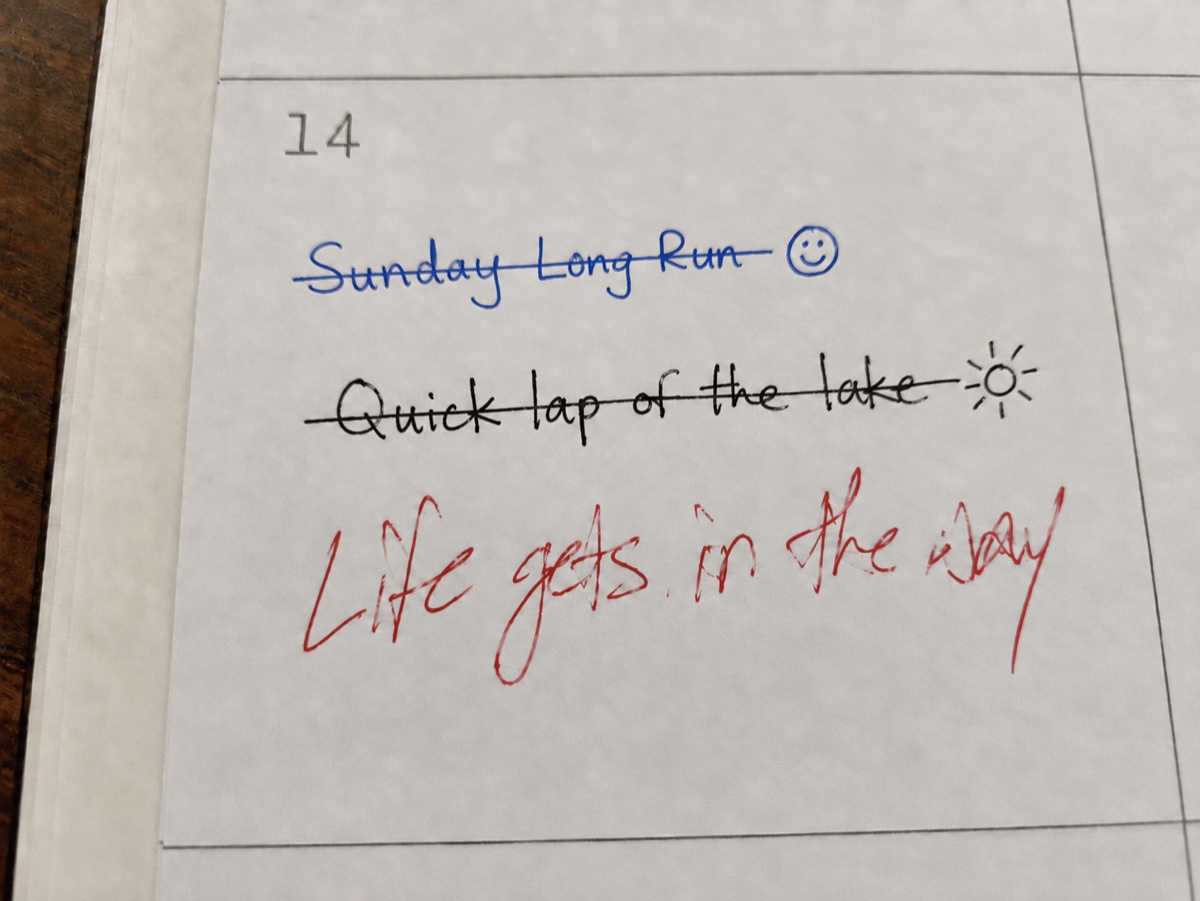 A paper training calendar with two runs crossed out and a handwritten note: Life gets in the way