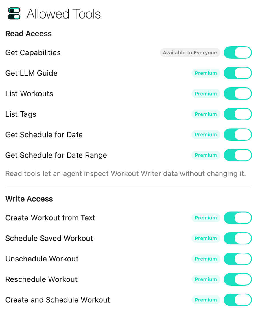 Workout Writer Allowed Tools settings showing separate switches for read and write tools