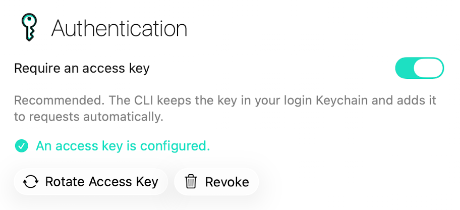 Workout Writer Authentication settings showing that an access key is configured, with Rotate Access Key and Revoke buttons