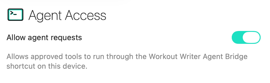 Workout Writer Agent Access settings with Allow agent requests enabled and the CLI download button visible