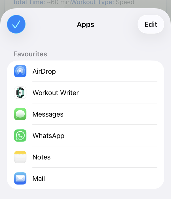 The iOS app sharing configuration screen with Workout Writer listed in favourites