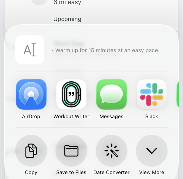 The iOS Share Sheet showing Workout Writer in the app row